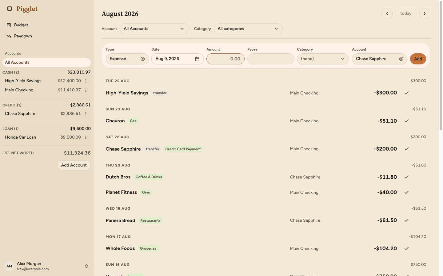 The Pigglet transactions page, listing a month of spending across every account with its category tagged